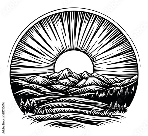 Mountain Landscape Engraving with Rising Sun and Radiant Beams