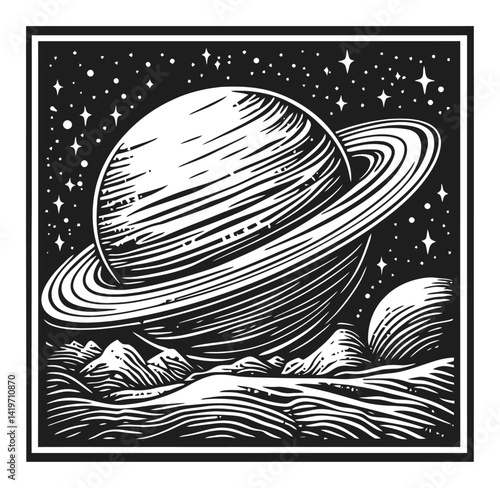 Engraving of a Celestial Scene Featuring Saturn and Surrounding Planets