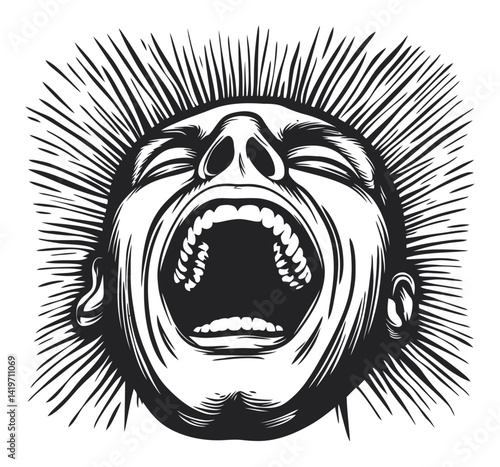 Powerful Engraving of A Person Screaming in Distress with Radiance