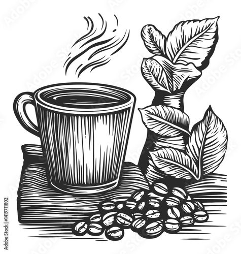 Vintage Engraving of Coffee Cup with Leaves and Coffee Beans