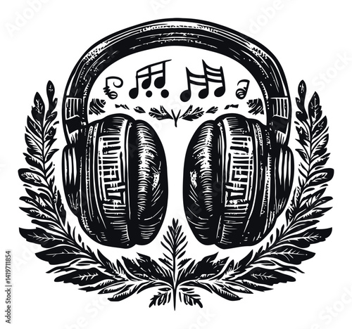 Engraved Headphones Surrounded by Musical Notes and Leaves Design