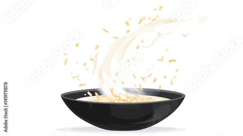 A high-key studio photo shows a bowl of black oatmeal, with a stream of oatmeal pouring down from above. The oatmeal forms a dynamic splash, with the grains suspended in mid-air.