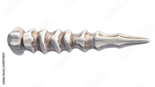 Studio close-up shows a finely sculpted metal tip in silver and grey tones, with a spiral shape and rich texture along its length.