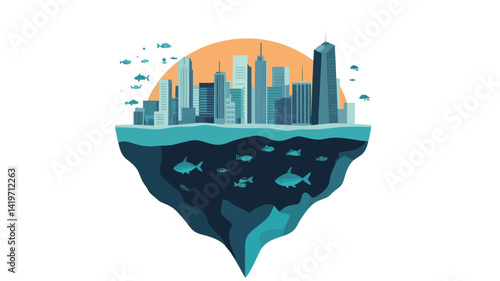 A digitally rendered illustration depicts a stylized cityscape partially submerged below sea level. The city is dominated by dark blues and greys, showing a series of buildings.