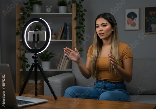 28-year-old Latina digital influencer, with long straight hair, wearing casual and modern clothes, records videos for social media with a smartphone attached to a tripod with a ring light. She is in a
