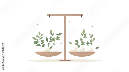 A digital illustration depicts a pair of perfectly balanced wooden scales. Atop each scale is a cluster of light green plants with delicate leaves.