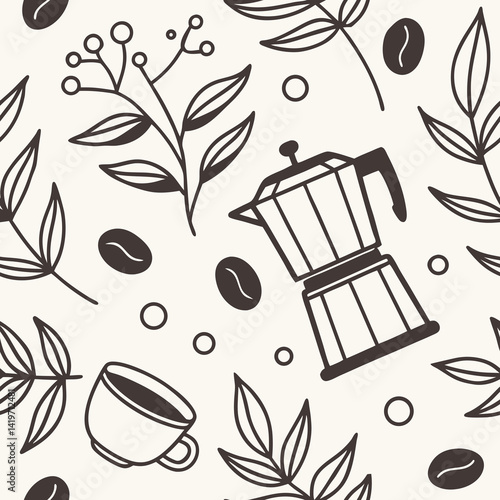 seamless coffee and leaf vector patternin minimalist style  