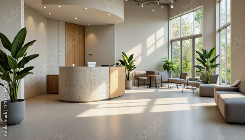 Modern interior design architecture photography: Sunlight streams into a modern office reception area featuring a curved reception desk, comfortable seating, and lush greenery.