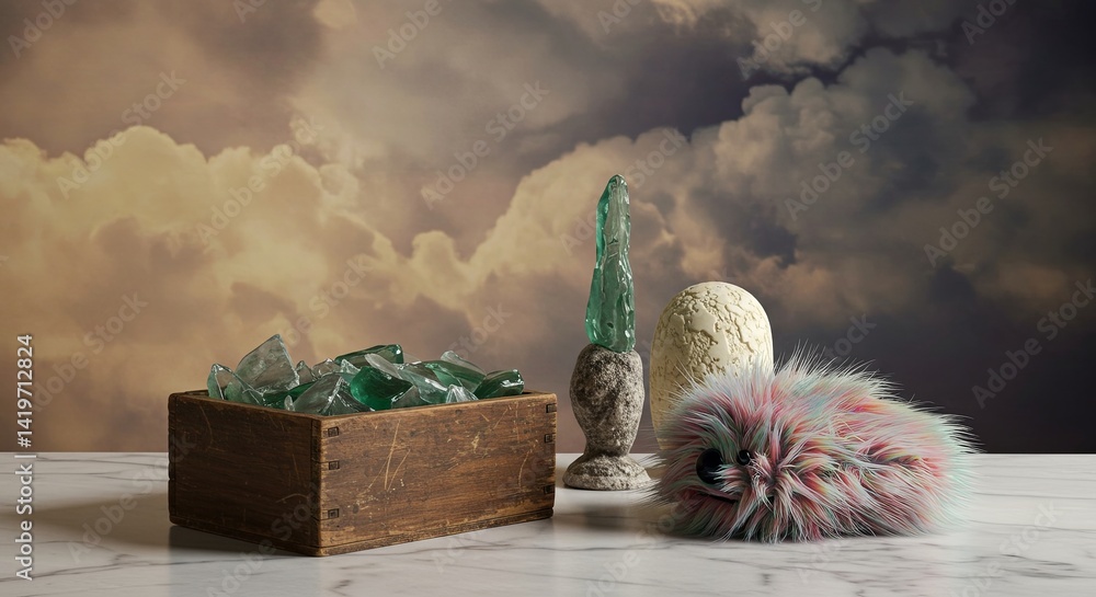A box of broken glass sits on a table next to a small statue and a fuzzy animal