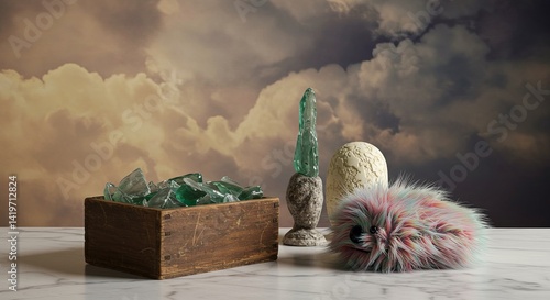 Obraz na płótnie A box of broken glass sits on a table next to a small statue and a fuzzy animal w salonie