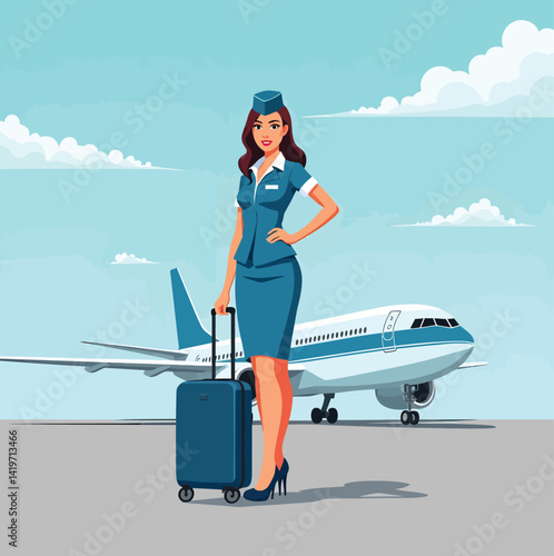 Vector illustration of a smiling flight attendant with luggage in front of an airplane on the tarmac