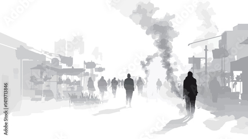 This image presents a high-contrast monochrome view of a city street shrouded in thick fog. The grayscale tones enhance the atmospheric perspective, creating a sense of depth and distance.