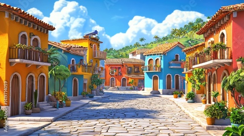 Vibrant South American town street scene with colorful buildings.