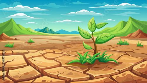 Takir, takyr soil and green plant. New life amid drought. Landform, drying out saline soil in desert. Drying cracks forming a characteristic pattern, clay soil. Natural background. Cracked ..