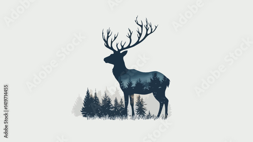 This digital illustration shows the stylized silhouette of a deer, rendered in dark teal and blue tones. The deer's form has been overlaid with a subtle double exposure effect, blending the