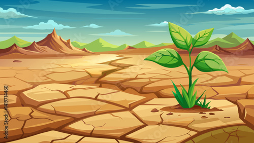Takir, takyr soil and green plant. New life amid drought. Landform, drying out saline soil in desert. Drying cracks forming a characteristic pattern, clay soil. Natural background. Cracked ..