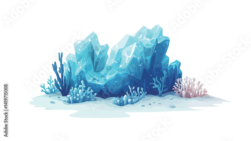 A digital illustration depicting a vibrant underwater coral reef formation. The main element is a large, stylized coral structure in dark and light blue tones.