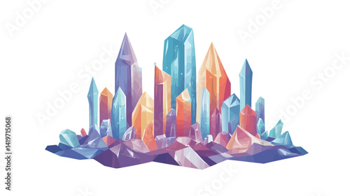The image features a stylized digital illustration of a cityscape composed entirely of colorful crystalline structures of varying sizes.