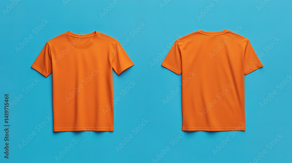 Front and back view of an orange t-shirt laid flat on a surface, a flat lay concept used as a mockup design template Front and back view of an orange t-shirt laid flat on a surface, a flat lay concept used as a mockup design template