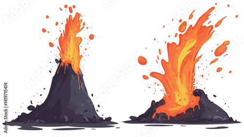 Two stylized cartoon illustrations of volcanic eruptions are presented against a plain white background. The volcanoes are depicted in a simple, almost painterly style.