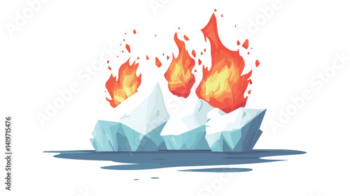 digital illustration depicts three stylized ice formations, rendered in a low-polygonal aesthetic, partially submerged in deep blue water. The top of each ice formation is vibrantly colored.