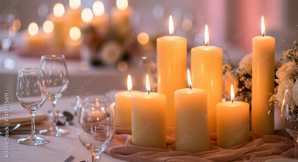 Warm Candlelight Dinner Setting with Ivory Candles and Blush Flowers Warm Candlelight Dinner Setting with Ivory Candles and Blush Flowers