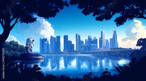 Daytime flat art of Singapore skyline with Marina Bay Sands and the Merlion, clear blue sky, bright vector tones, silhouette-style illustration with subtle shadowing, hd quality, natural look.