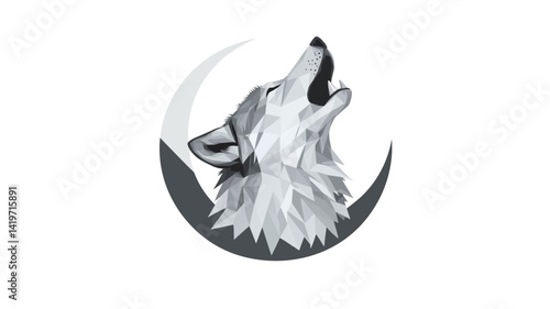 Grayscale vector illustration of a wolf's head in profile, rendered in a geometric polygonal style. The wolf is howling with its mouth open and looking upwards towards a stylized