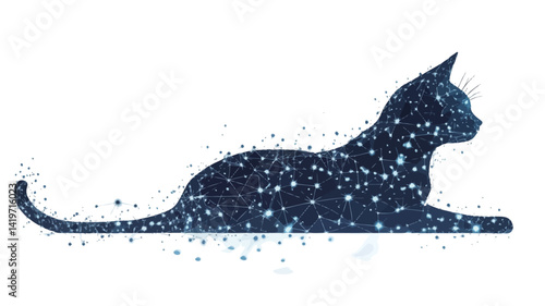 The image shows a stylized silhouette of a cat, rendered in dark blue tones, that appears to be made up of countless small light blue and white spots, reminiscent of stars. The cat is depicted as