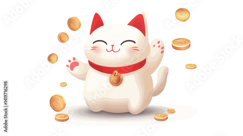 A digital illustration of a stylized maneki neko (Japanese lucky cat). The cat is adorable, with a chubby white body, a red collar, a golden bell around its neck, and a cheerful smile on its face.