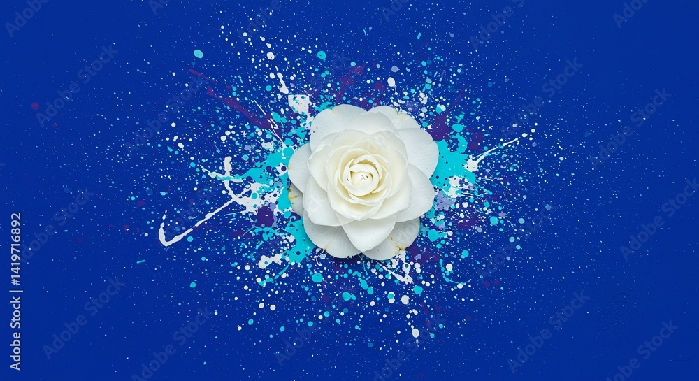 A white rose is placed on a blue background with splatters of paint