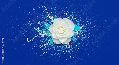 Obraz na płótnie A white rose is placed on a blue background with splatters of paint w salonie