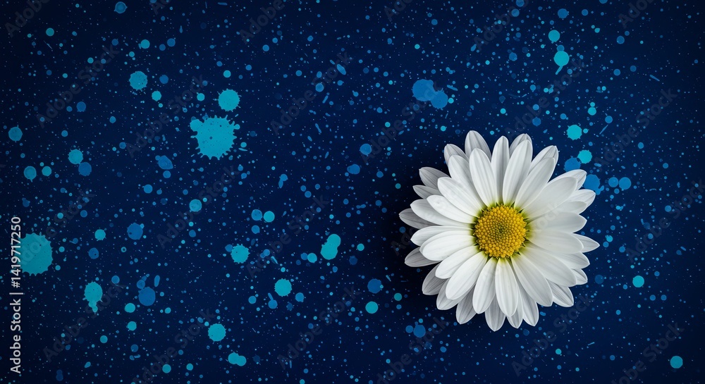 A white flower is on a blue background with blue splatters
