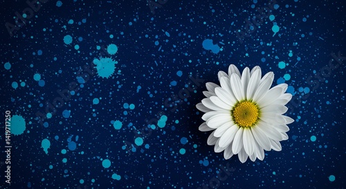 Obraz na płótnie A white flower is on a blue background with blue splatters w salonie
