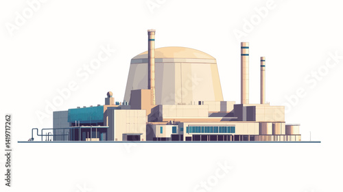 A stylized vector illustration of a nuclear power plant. The image shows the main components of the facility in a simplified but detailed way: a large containment dome