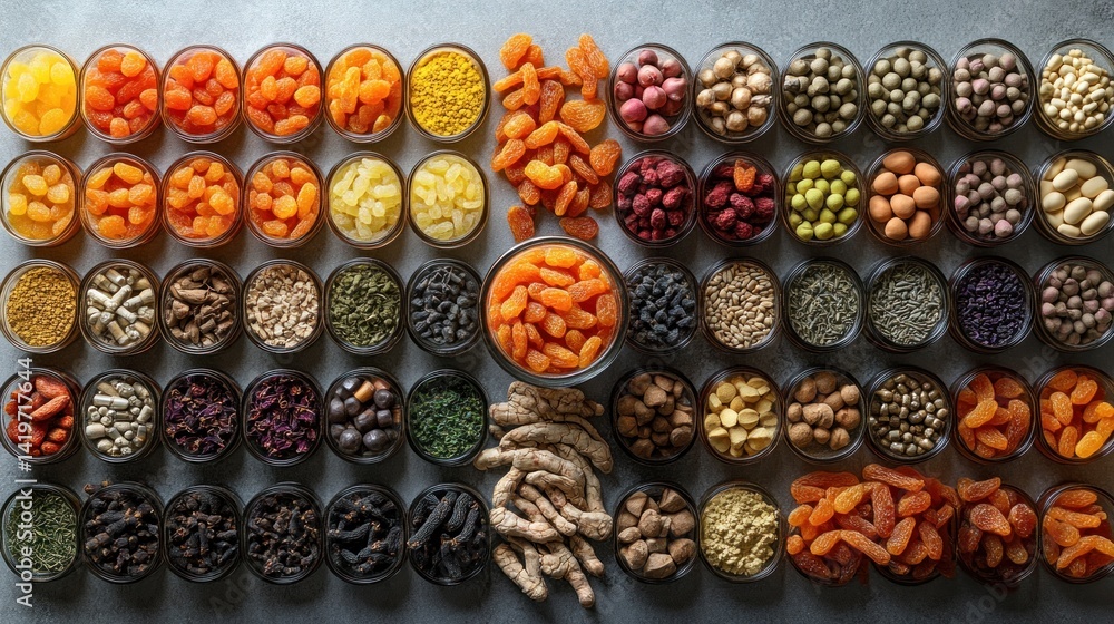Assorted dried fruits, nuts, and spices in small glass containers