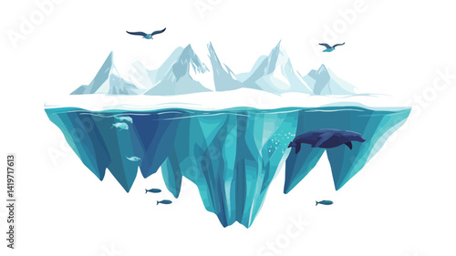 This digital illustration shows a stylized iceberg, rendered in a low-poly geometric aesthetic. The image is split in two, with the part above and below the water. Above, the angular shape is evident.