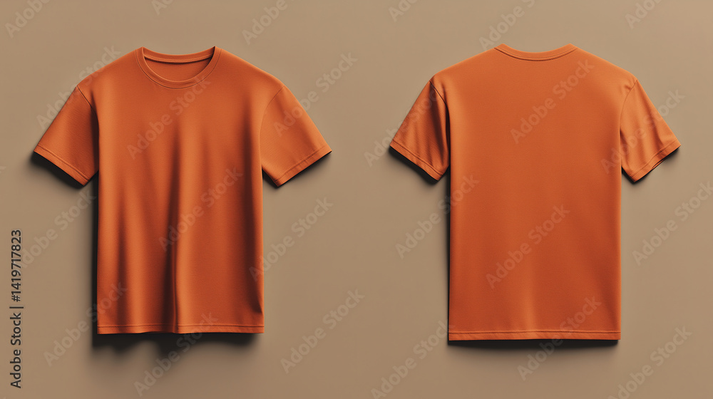Front and back view of an orange t-shirt laid flat on a surface, a flat lay concept used as a mockup design template Front and back view of an orange t-shirt laid flat on a surface, a flat lay concept used as a mockup design template