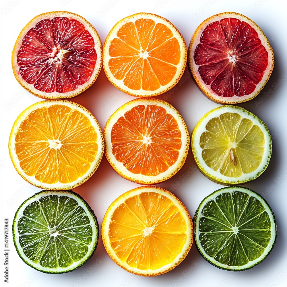 Fototapeta premium Vibrant Citrus Slices Arranged in a Delightful Grid Pattern, Showing Juicy and Zesty Fruit