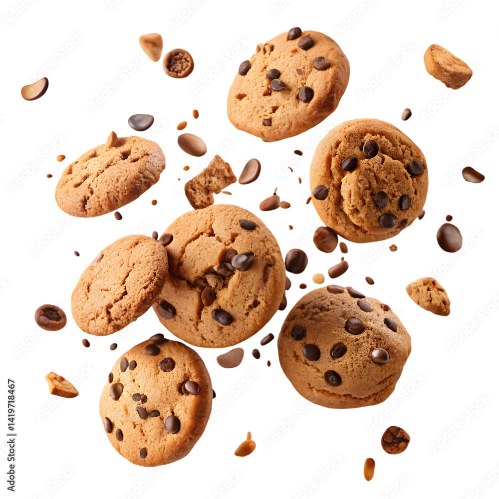 Flying chocolate chip cookies and crumbs on transparent background png Flying chocolate chip cookies and crumbs on transparent background png