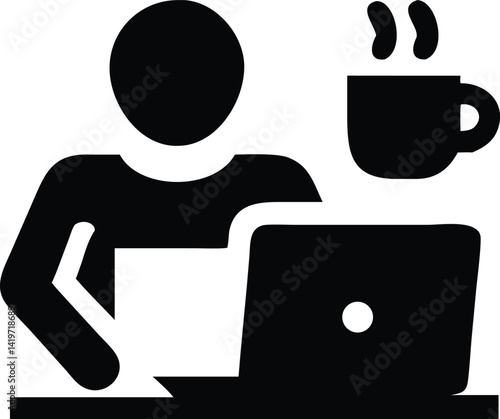 A black and white silhouette of a person working on a laptop computer.