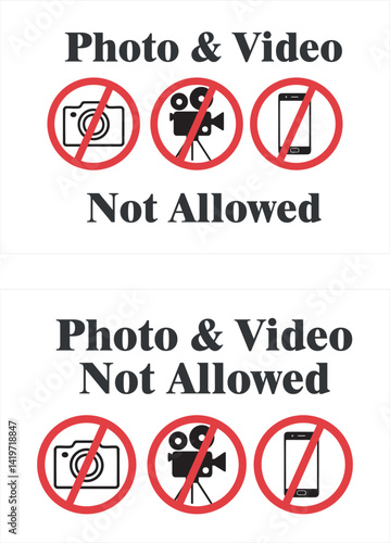 No Photographing prohibition sign symbol icon. Video, photo, phone, prohibited logo pictogram. Vector illustration photo not allowed, photo camera ban prohibit icon. Not allowed making