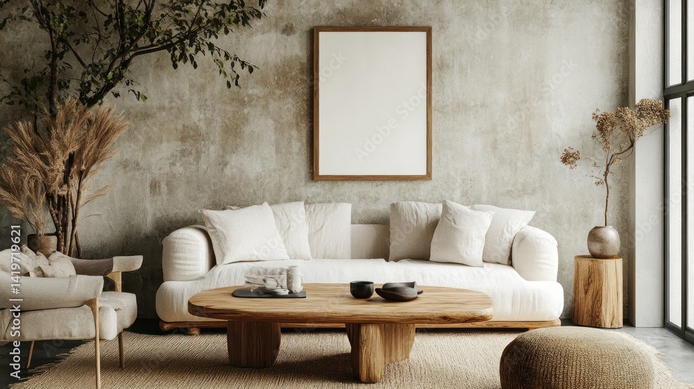 Fototapeta premium Modern living room with neutral decor and natural elements