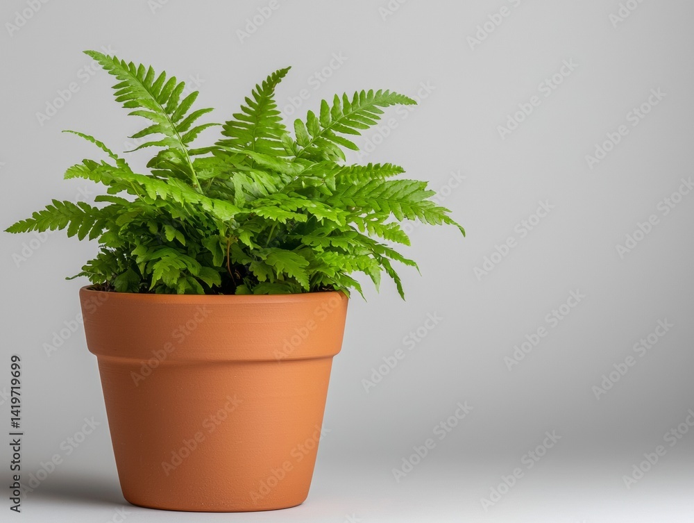 Fototapeta premium Vibrant Green Fern Plant in Terracotta Pot on Soft Grey Background