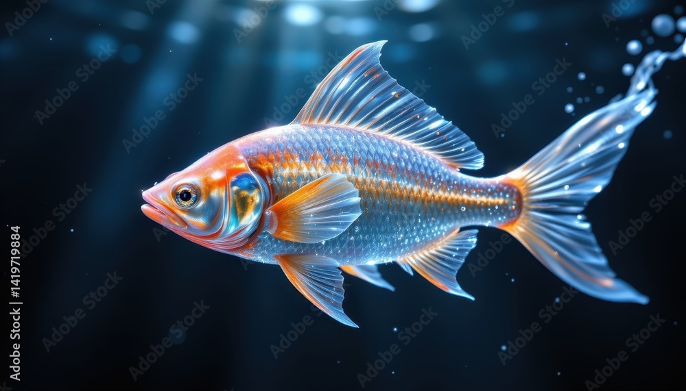 Fototapeta premium A translucent fish swimming gracefully through deep water, surrounded by flowing light.