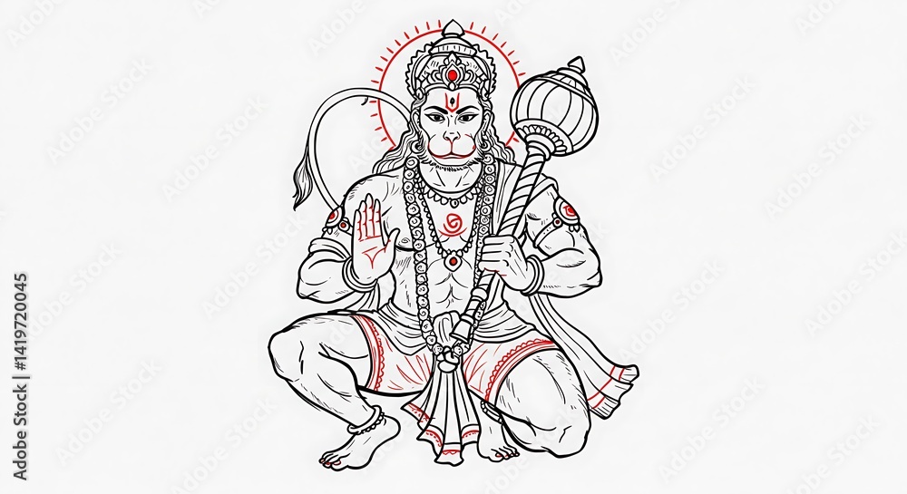 Fototapeta premium Intricate Line Art Illustration of Hindu Deity Hanuman with Red Accents