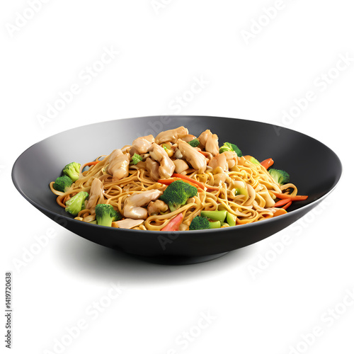 Delicious chicken lo mein noodles with vegetables in a black bowl, asian food close up view on transparent background