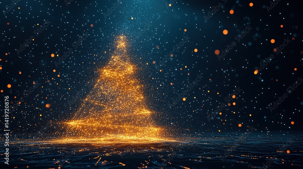 Naklejka premium Glowing wireframe Christmas tree on dark blue background with digital snowflake particles floating in festive scene. Futuristic minimalist winter celebration concept, abstract geometric design