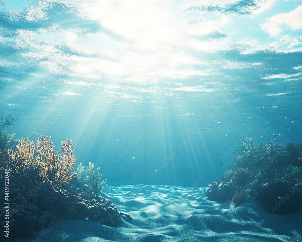 A peaceful coral reef scene viewed from underwater, with sunlight filtering through the waves above. A peaceful coral reef scene viewed from underwater, with sunlight filtering through the waves above.