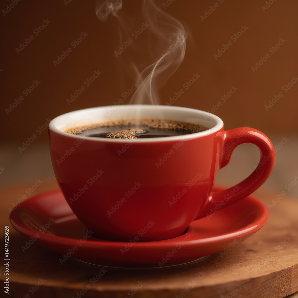 steaming cup of coffee in vibrant red mug sits on wooden surface, evoking warmth and comfort